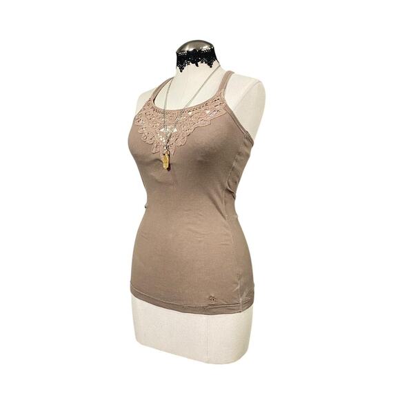 Vintage Y2K Abercrombie & Fitch Coquette Boho Lace Cream Ribbed Tank Top - Picture 3 of 8